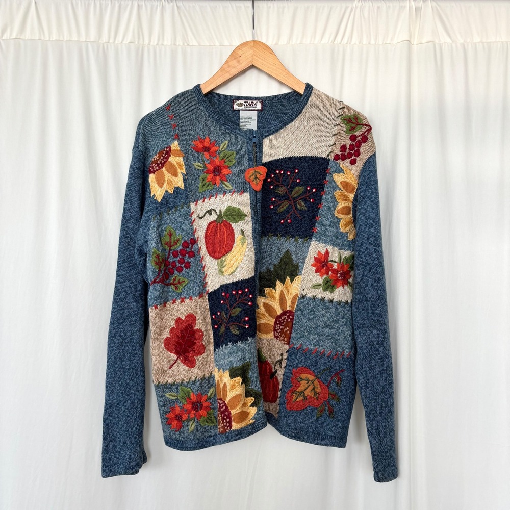 Vintage Tiara International Cardigan M Fall Patchwork Zip Up Teacher Y2K Grandma
